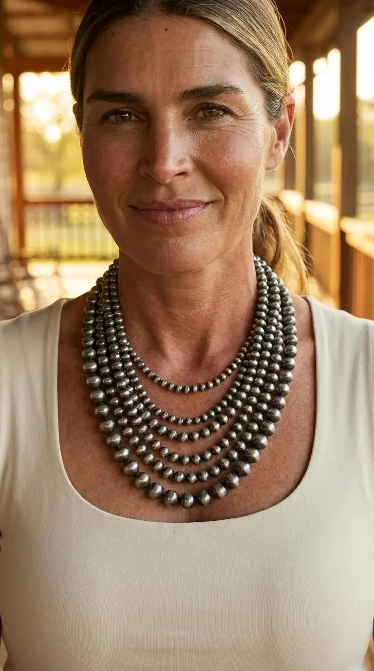 Western Six-Row Faux Sterling Pearl Statement Necklace — Single-Clasp Layered Set